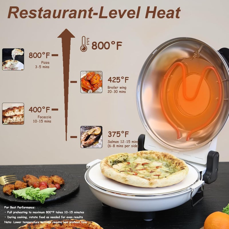 YIBAKE 12-Inch Electric Countertop Pizza Oven – 800°F Indoor Pizza Maker with Pizza Stone, Temperature Control & Timer, Includes Heat-Resistant Gloves, Wooden Peel & Dough Cutter - Image 3